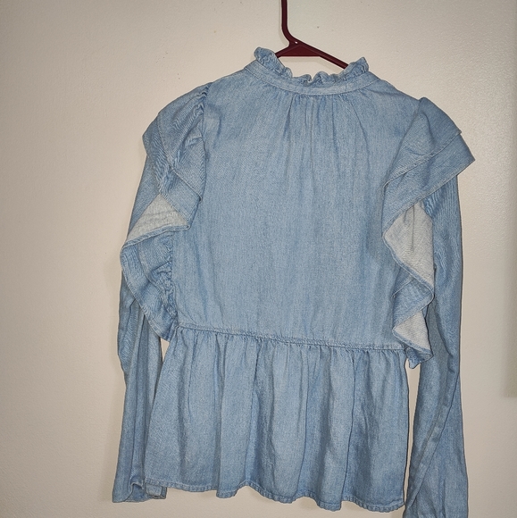 NWT Zara Women’s Denim Ruffles Blue Button Down Shirt - Picture 11 of 14